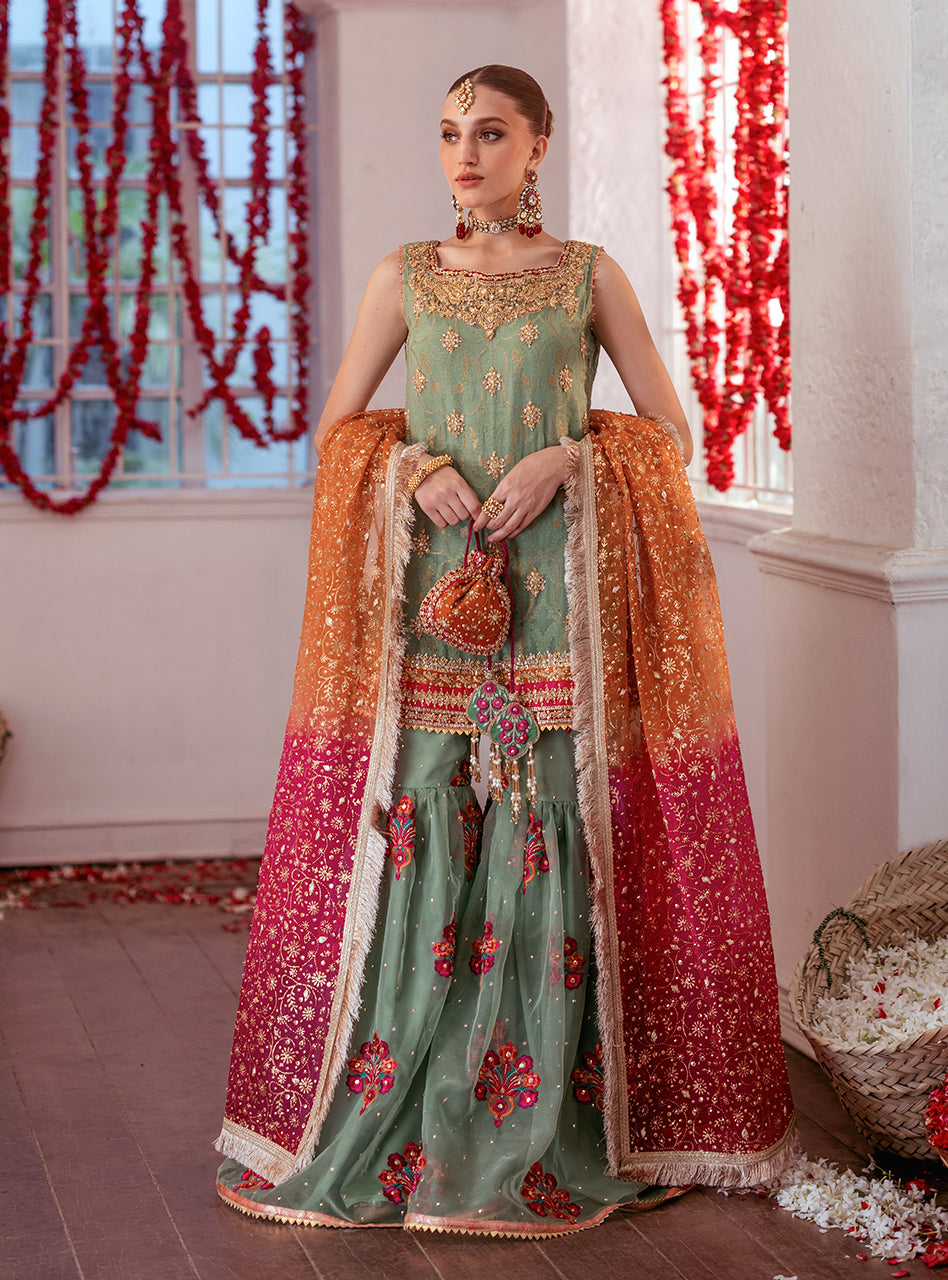 Pakistani Mint Green Embroidered Chiffon Gharara (3-Piece) - Image 8