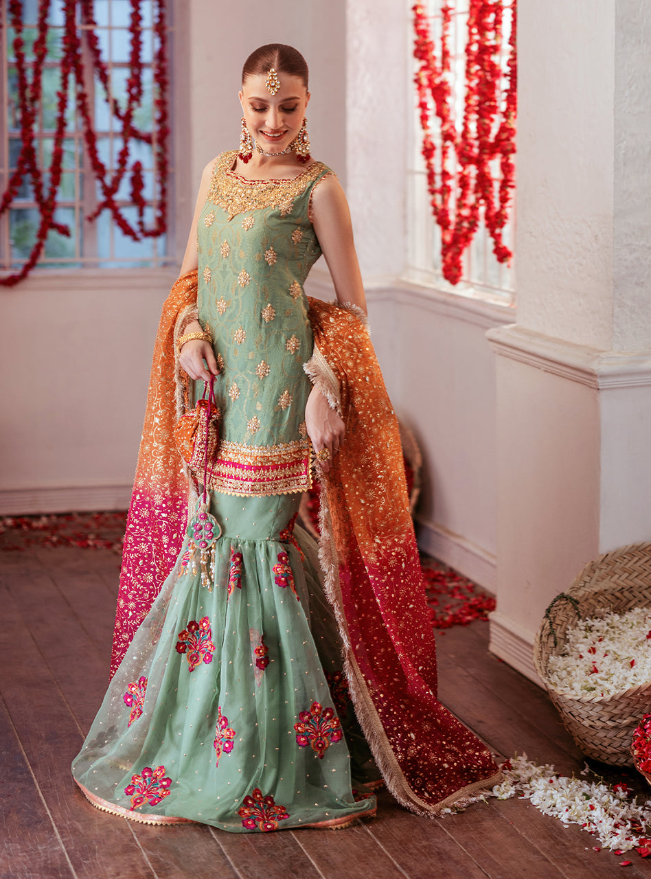 Pakistani Mint Green Embroidered Chiffon Gharara (3-Piece) - Image 9