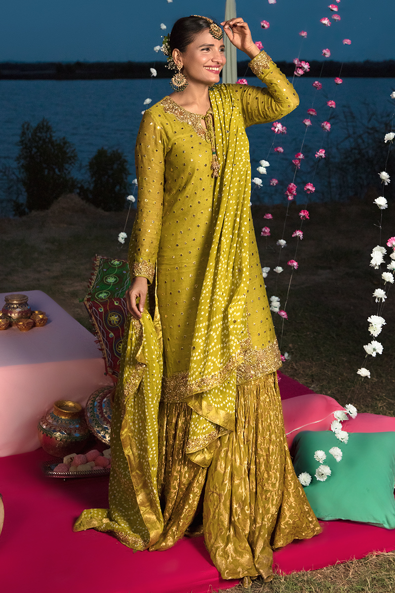 Sage Green Kamdani Cotton Net Gharara (3-Piece) - Image 1