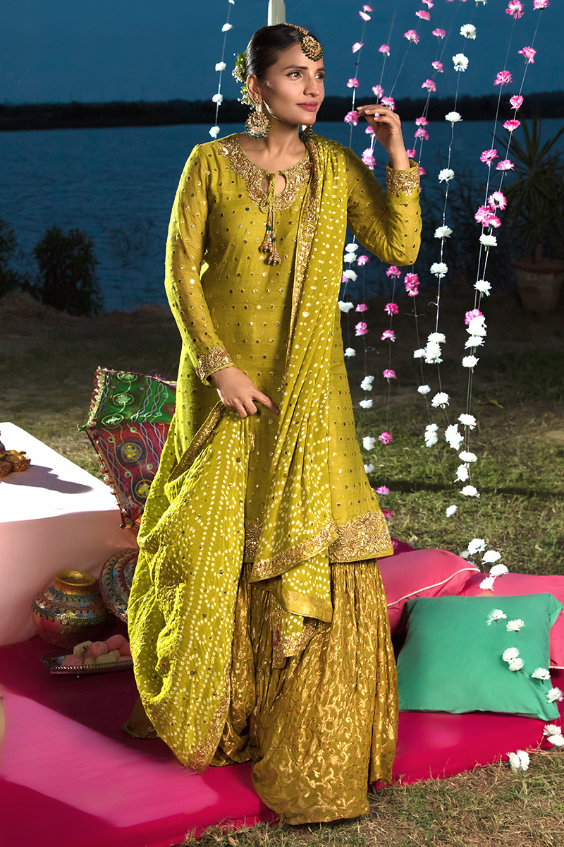Sage Green Kamdani Cotton Net Gharara (3-Piece) - Image 2