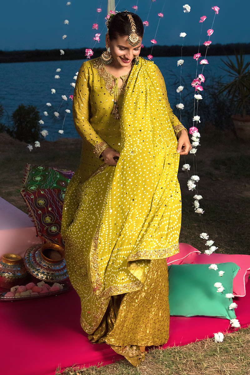 Sage Green Kamdani Cotton Net Gharara (3-Piece) - Image 3