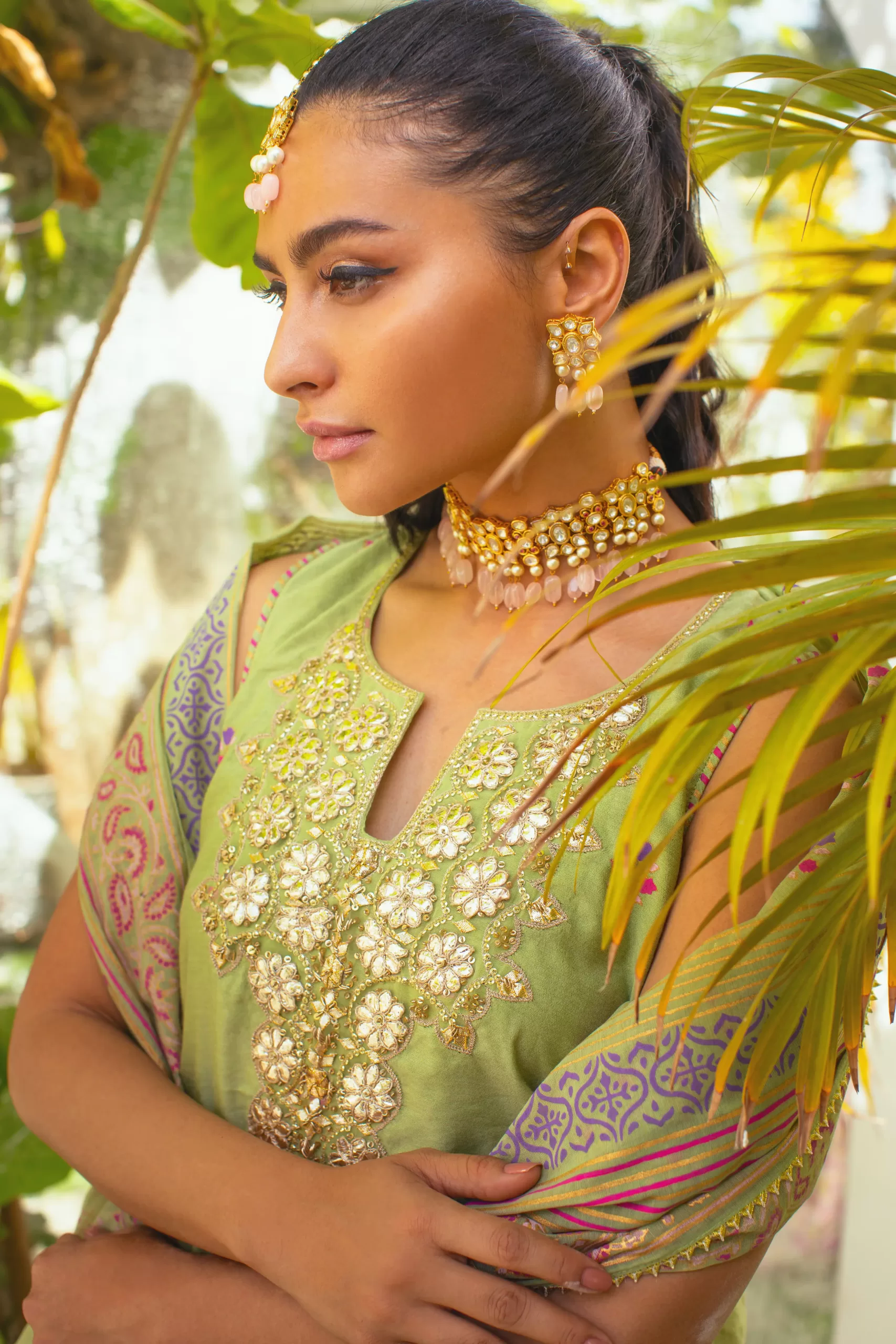 Pakistani Sea Green Gotaa Embellished Cotton-Silk Gharara (3-Piece) - Image 2