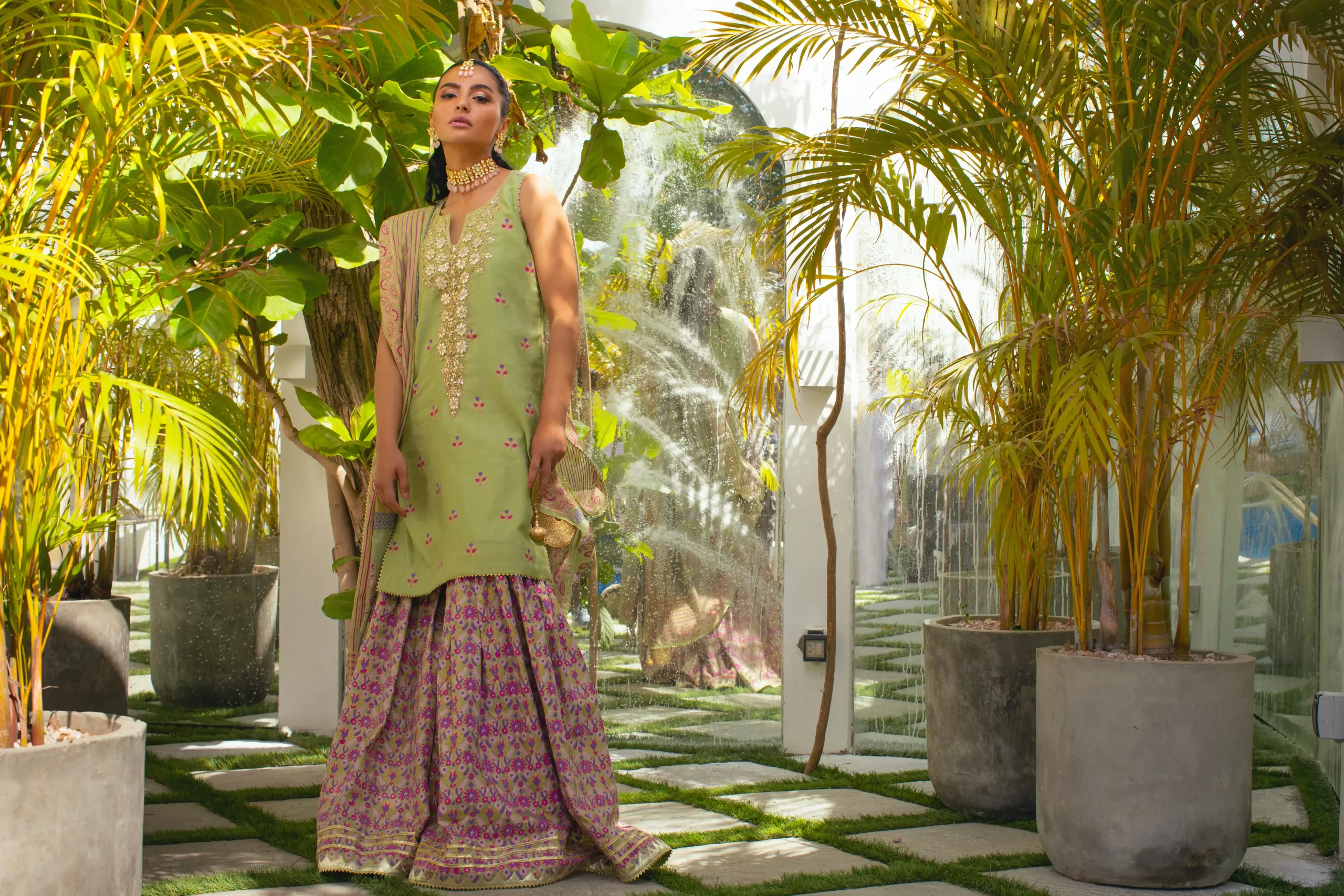 Pakistani Sea Green Gotaa Embellished Cotton-Silk Gharara (3-Piece) - Image 4