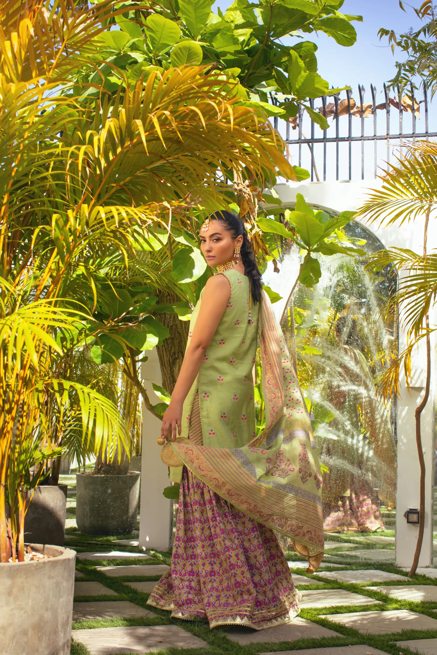 Pakistani Sea Green Gotaa Embellished Cotton-Silk Gharara (3-Piece) - Image 5