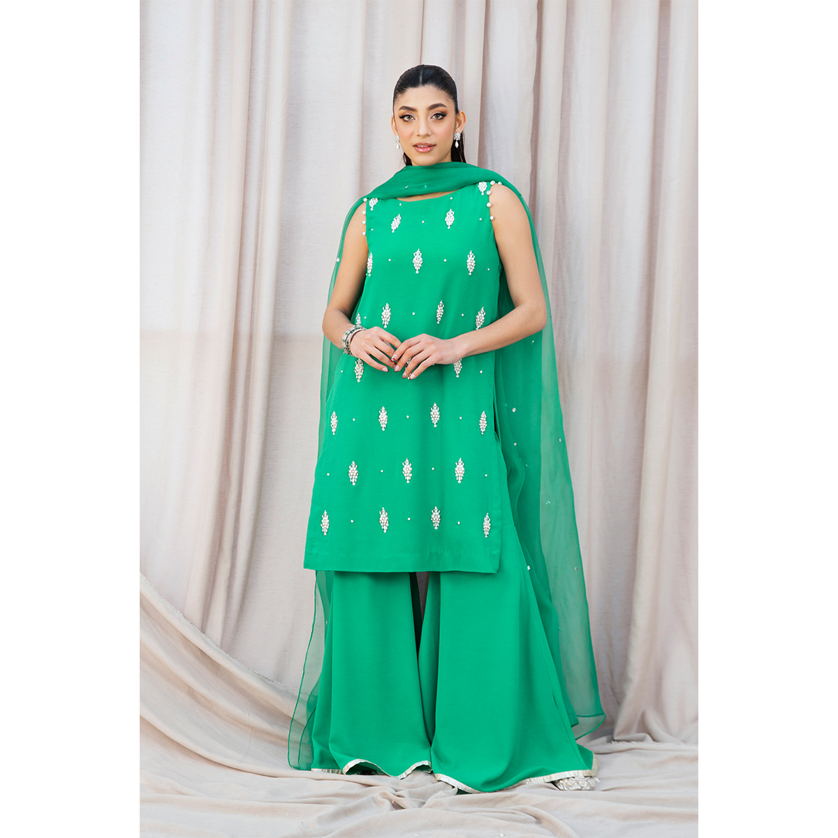 Pakistani Sea Green Pearl & Swarovski Crepe Gharara (3-Piece) - Image 2