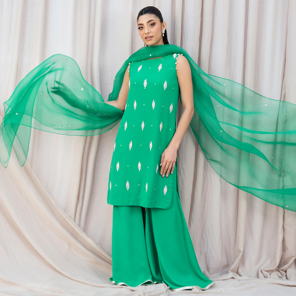 Pakistani Sea Green Pearl & Swarovski Crepe Gharara (3-Piece) - Image 3