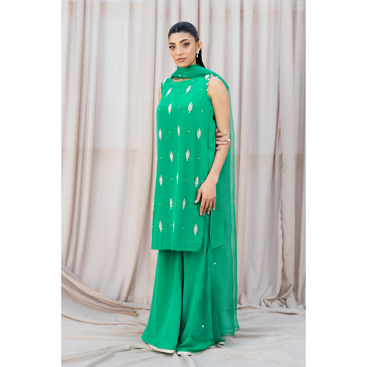 Pakistani Sea Green Pearl & Swarovski Crepe Gharara (3-Piece) - Image 4
