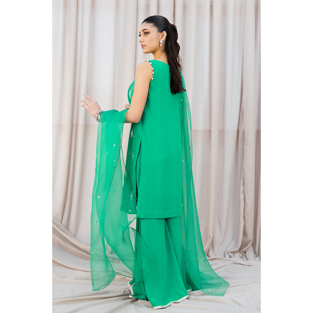 Pakistani Sea Green Pearl & Swarovski Crepe Gharara (3-Piece) - Image 5