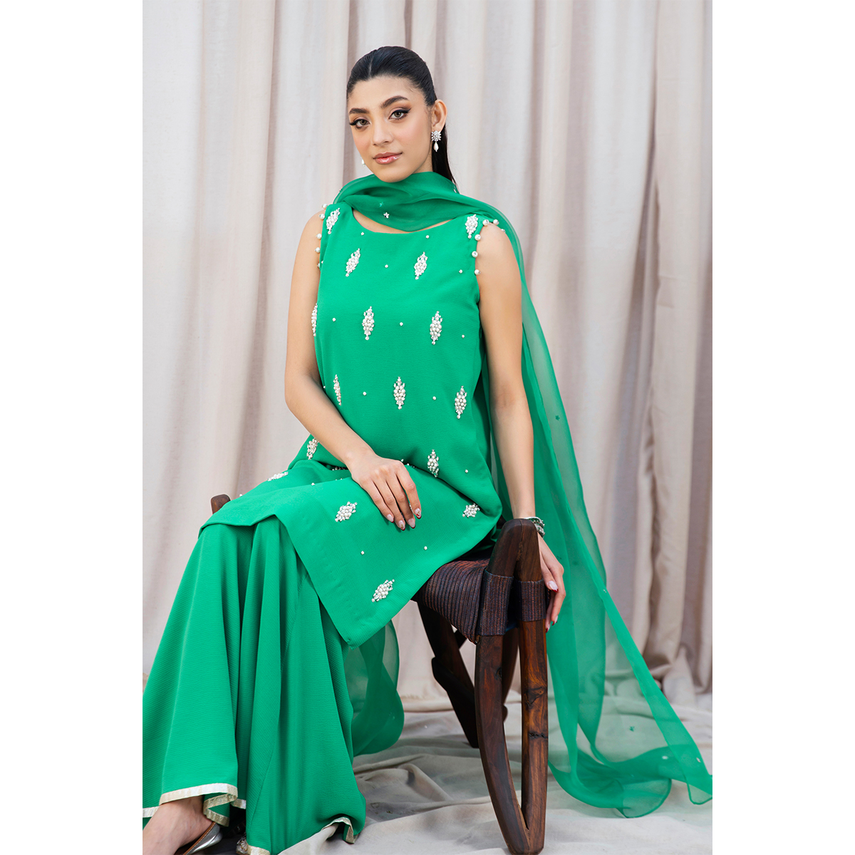 Pakistani Sea Green Pearl & Swarovski Crepe Gharara (3-Piece) - Image 6