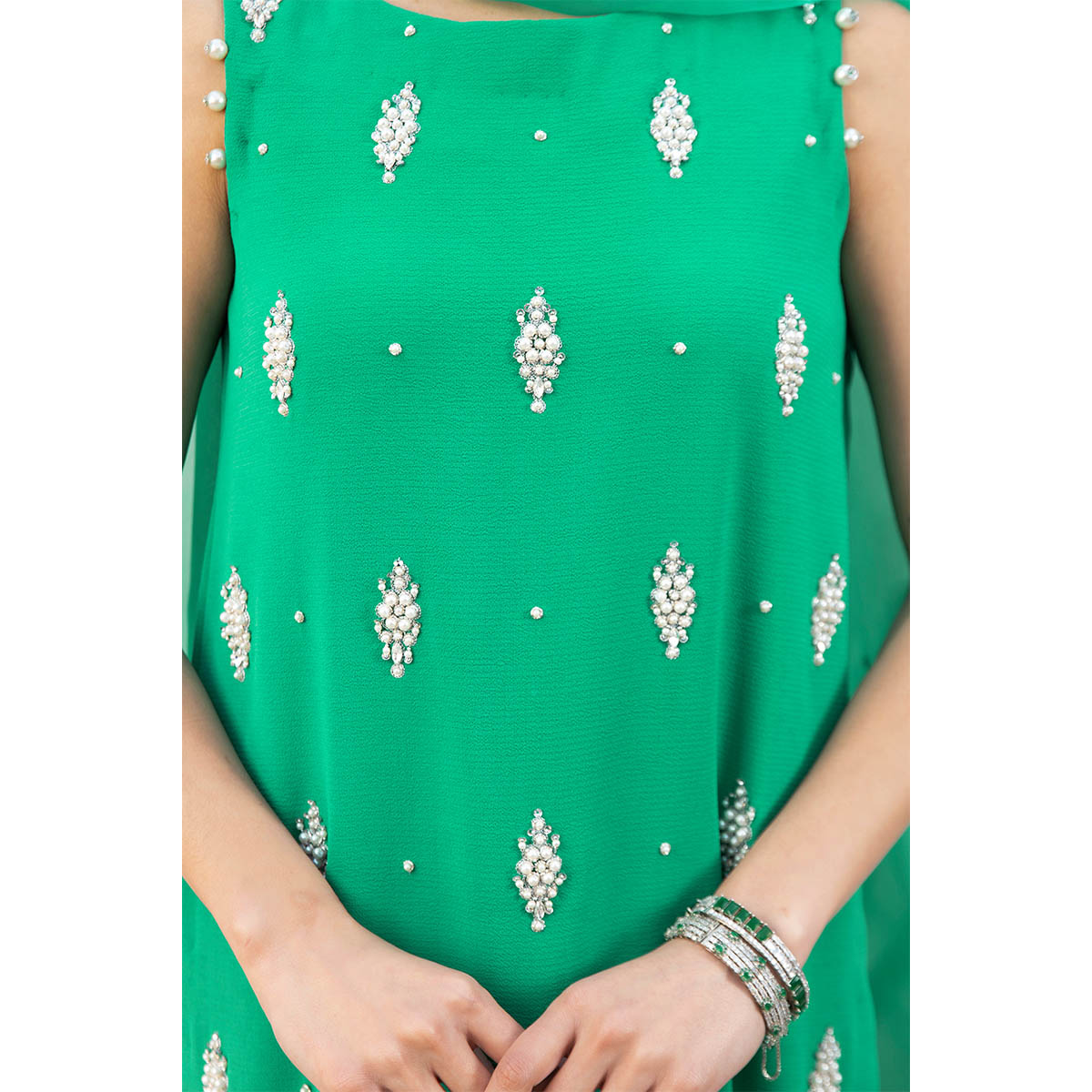 Pakistani Sea Green Pearl & Swarovski Crepe Gharara (3-Piece) - Image 7