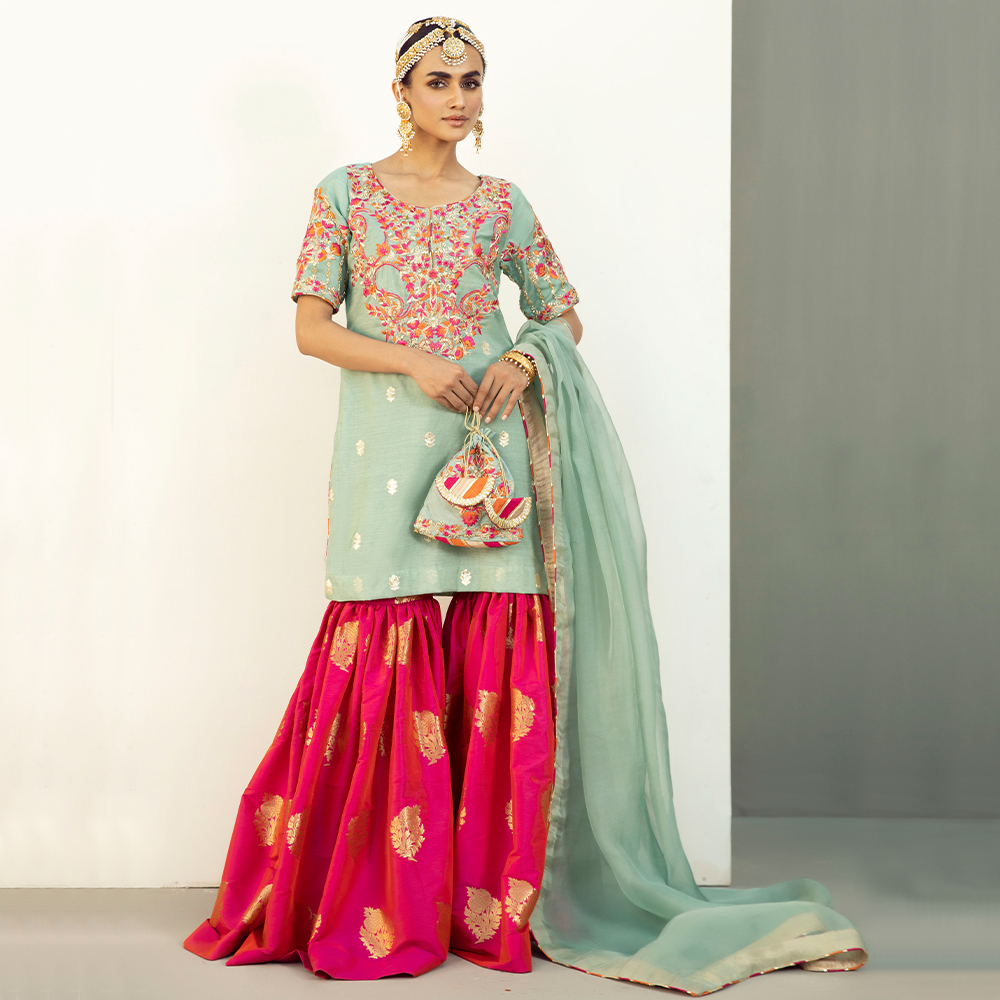 Duck Egg Green Resham Embroidered Korean Zari Gharara (4-Piece) - Image 1