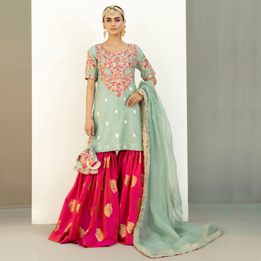 Duck Egg Green Resham Embroidered Korean Zari Gharara (4-Piece) - Image 2
