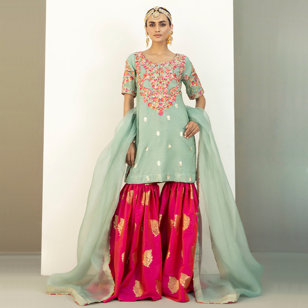 Duck Egg Green Resham Embroidered Korean Zari Gharara (4-Piece) - Image 5
