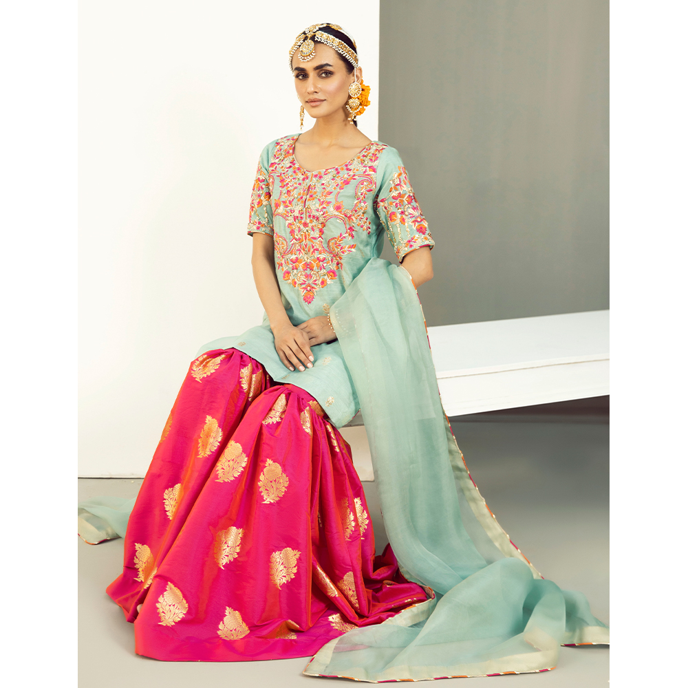 Duck Egg Green Resham Embroidered Korean Zari Gharara (4-Piece) - Image 6