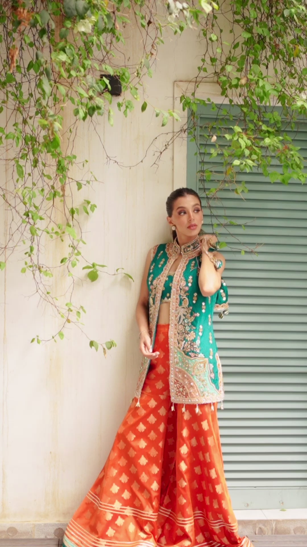 Emerald Green Zardozi Jamawar Jacket & Brocade Gharara (2-Piece) - Image 13