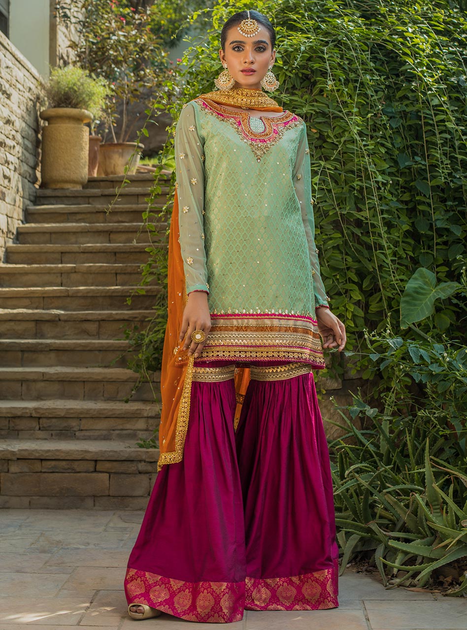 Mint Embellished Jamdani Gharara Set (3-Piece) - Image 1