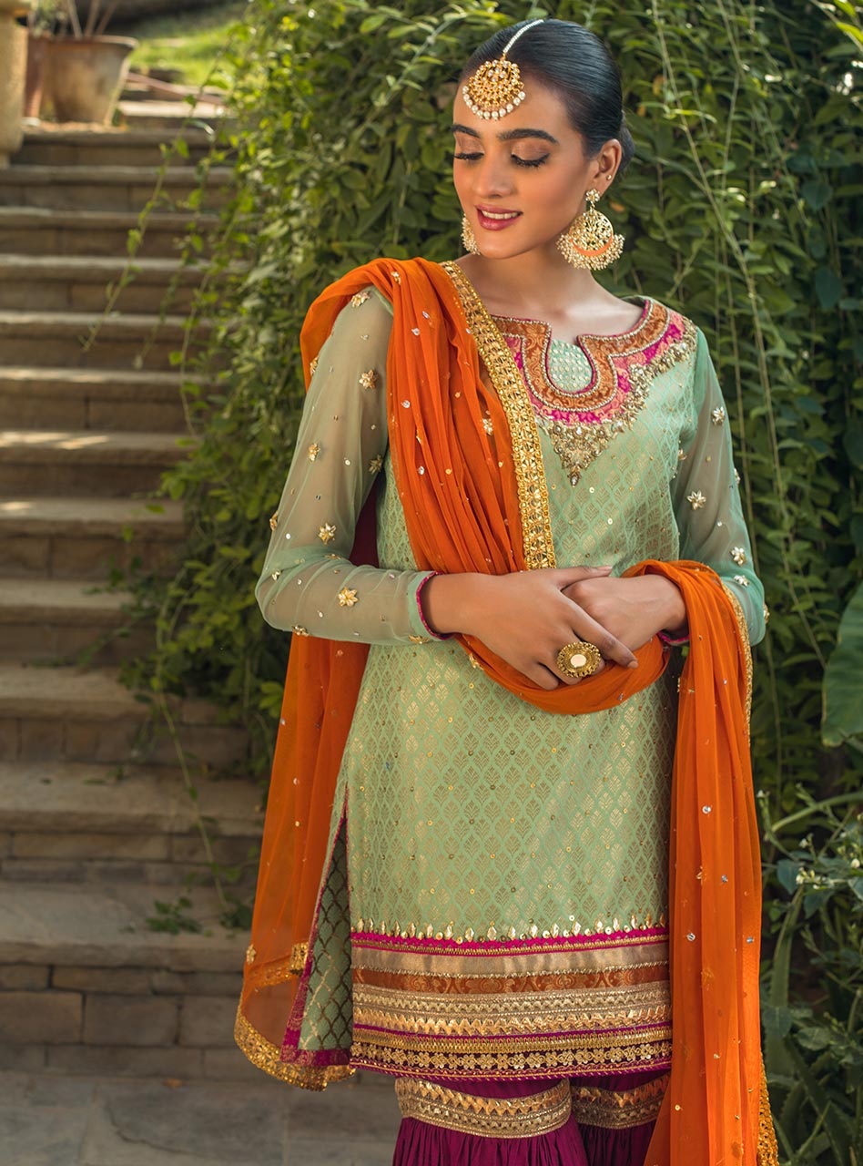 Mint Embellished Jamdani Gharara Set (3-Piece) - Image 4