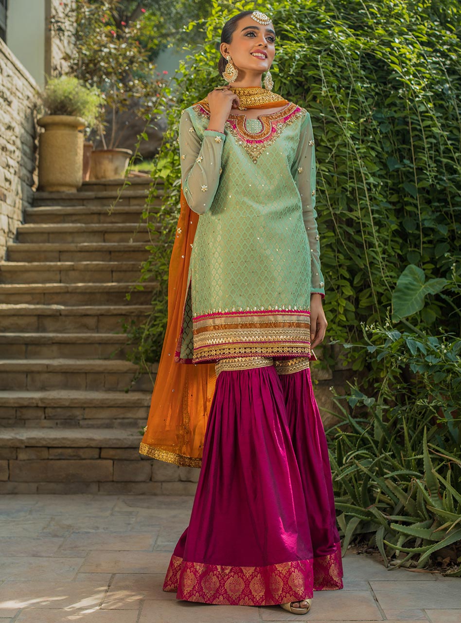 Mint Embroidered Jamdani Gharara Set (3-Piece) - Image 2