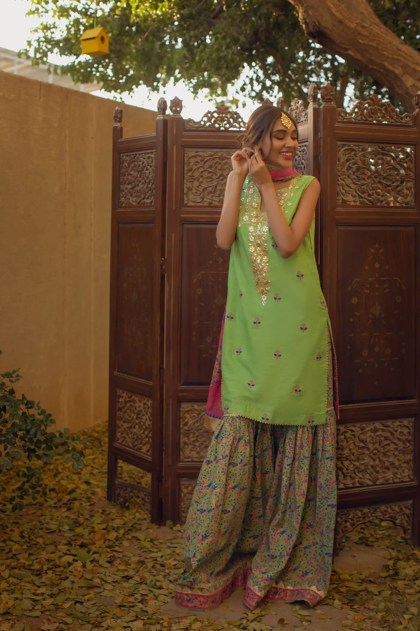 Pakistani Green Gota Embroidered Khaadi Silk Gharara (3-Piece) - Image 2