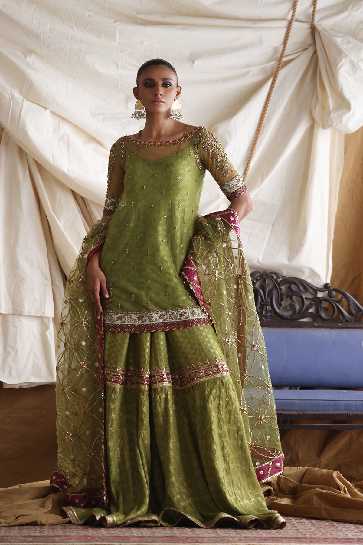 Mehndi Green Zardozi Net & Jacquard Gharara (3-Piece) - Image 1