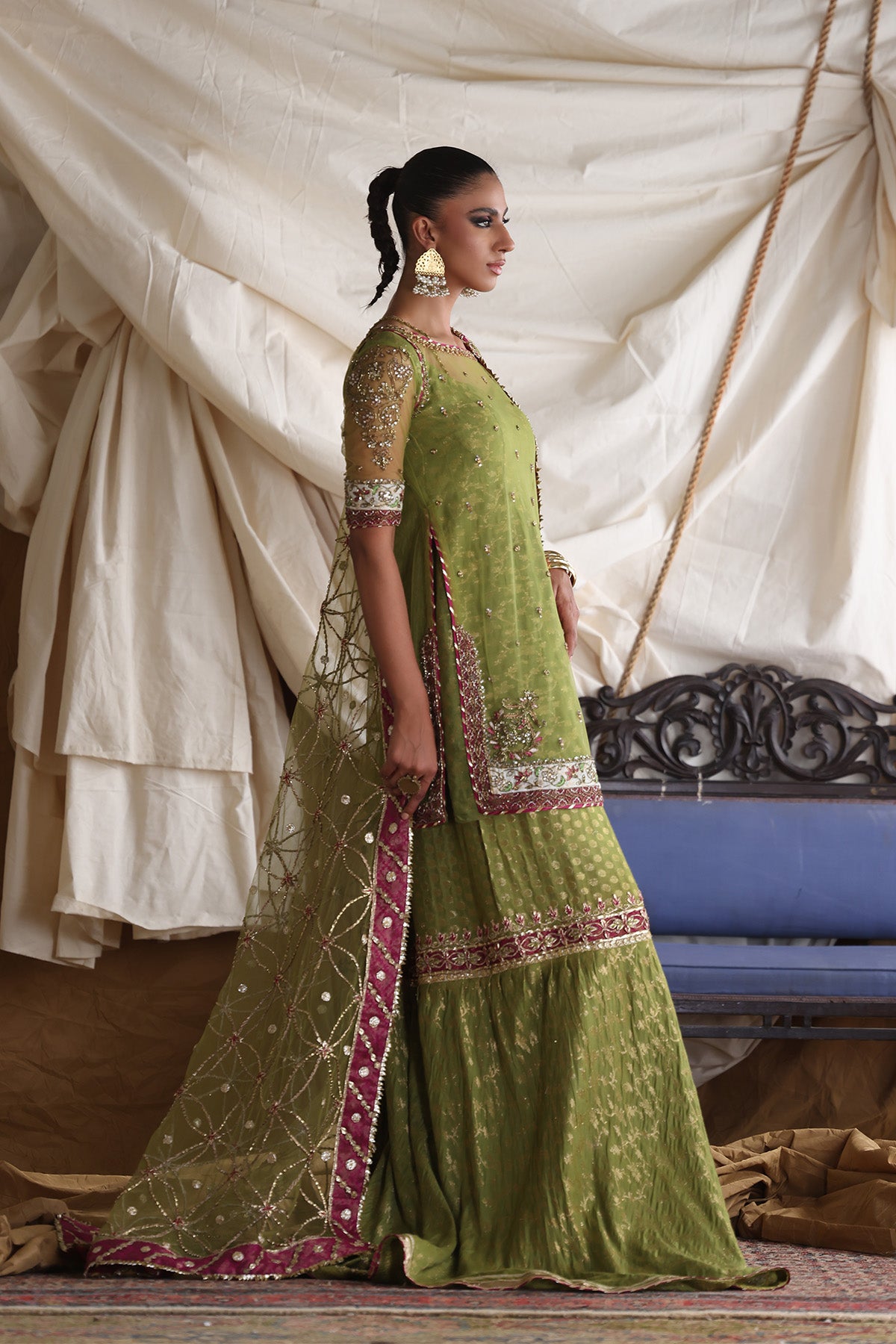 Mehndi Green Zardozi Net & Jacquard Gharara (3-Piece) - Image 2