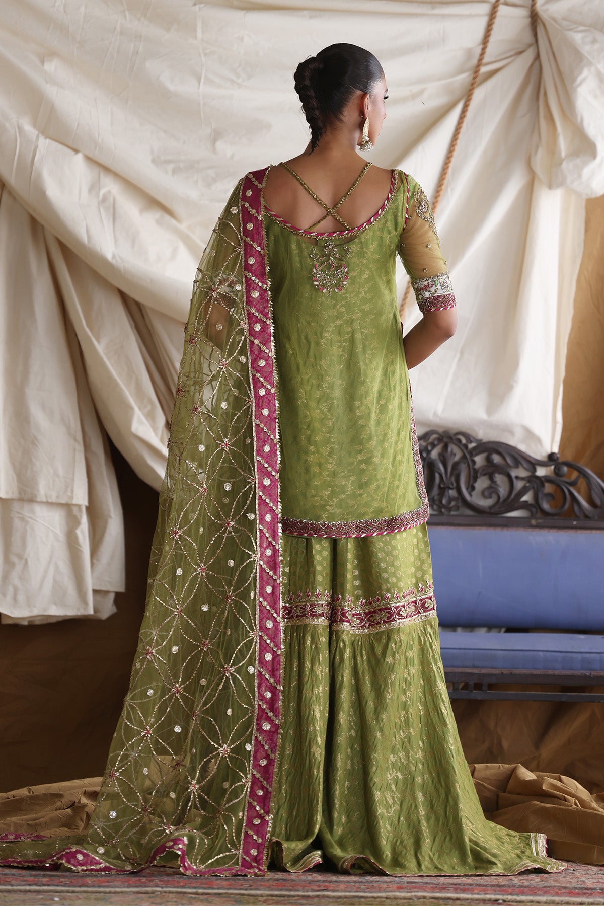 Mehndi Green Zardozi Net & Jacquard Gharara (3-Piece) - Image 3