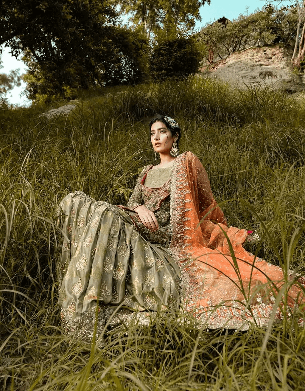 Pakistani Parrot Green Embroidered Net Pishwas Dress (3-Piece) - Image 2