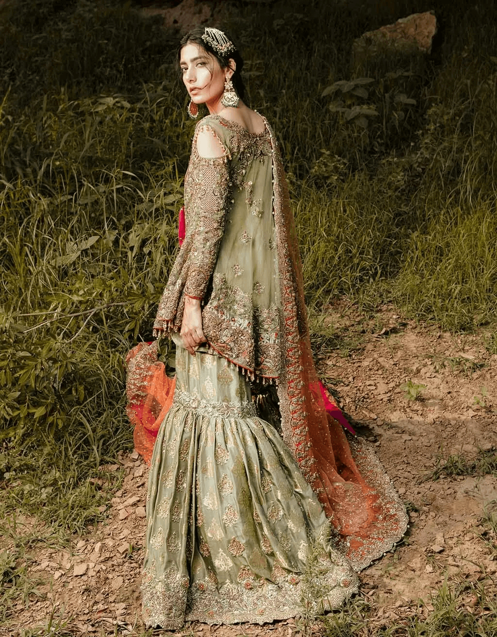 Pakistani Parrot Green Embroidered Net Pishwas Dress (3-Piece) - Image 4