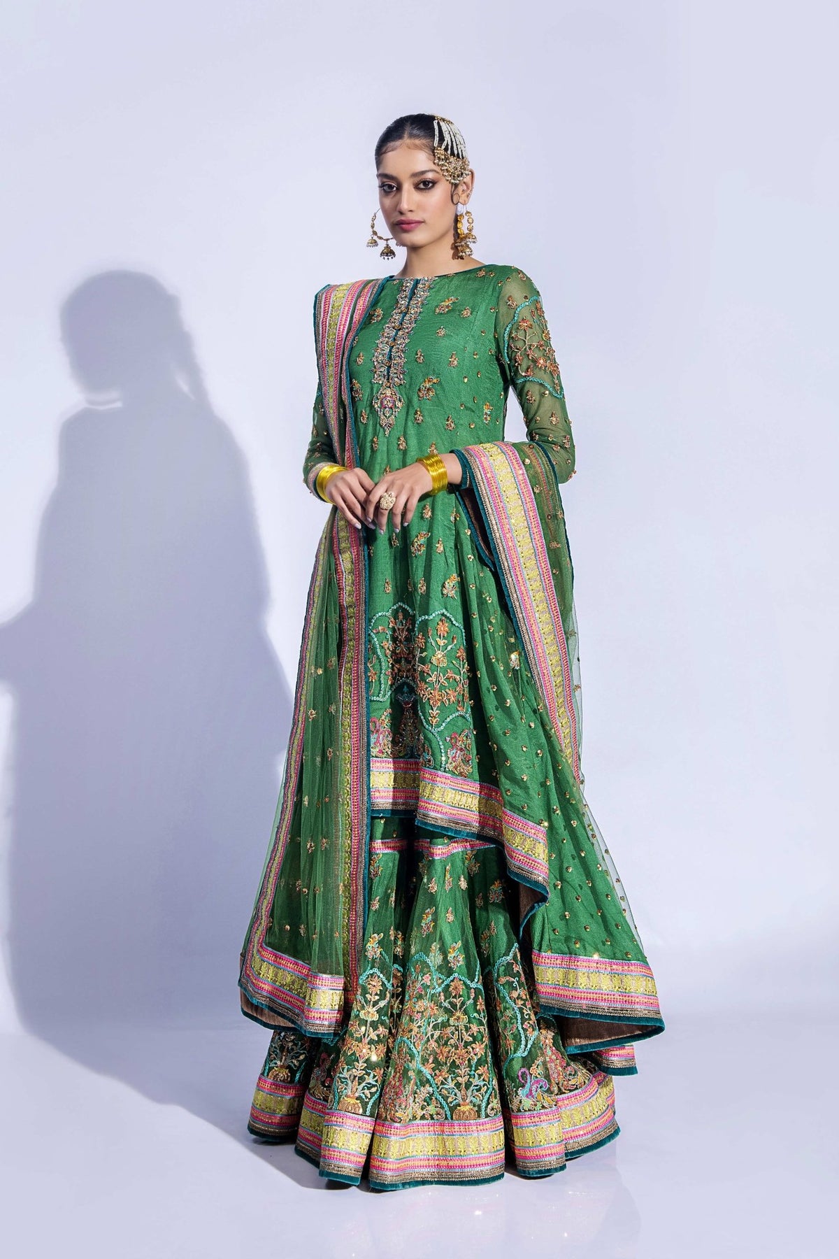 Emerald Green Zardozi Net Gharara Set (3-Piece) - Image 1