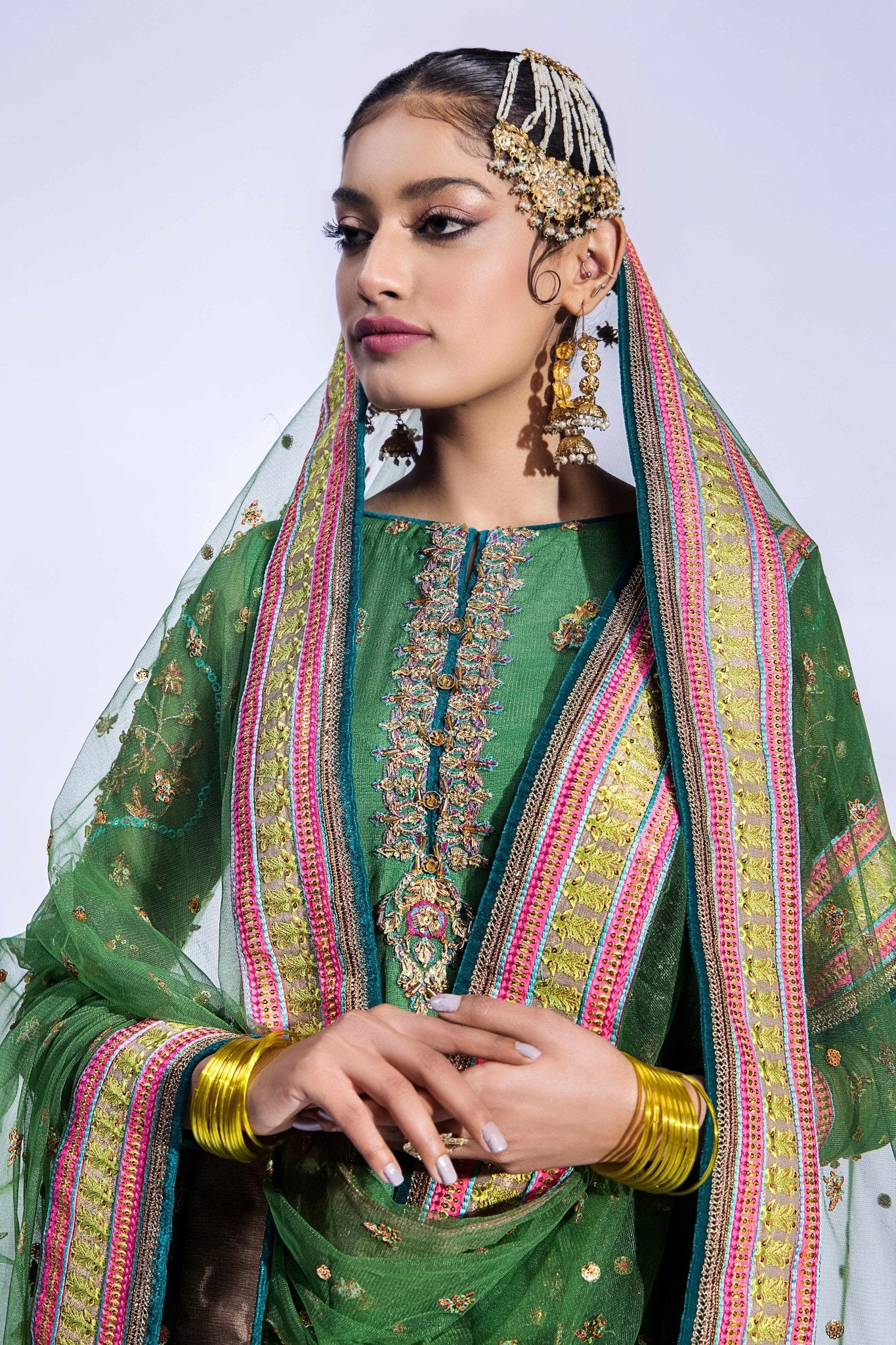 Emerald Green Zardozi Net Gharara Set (3-Piece) - Image 4