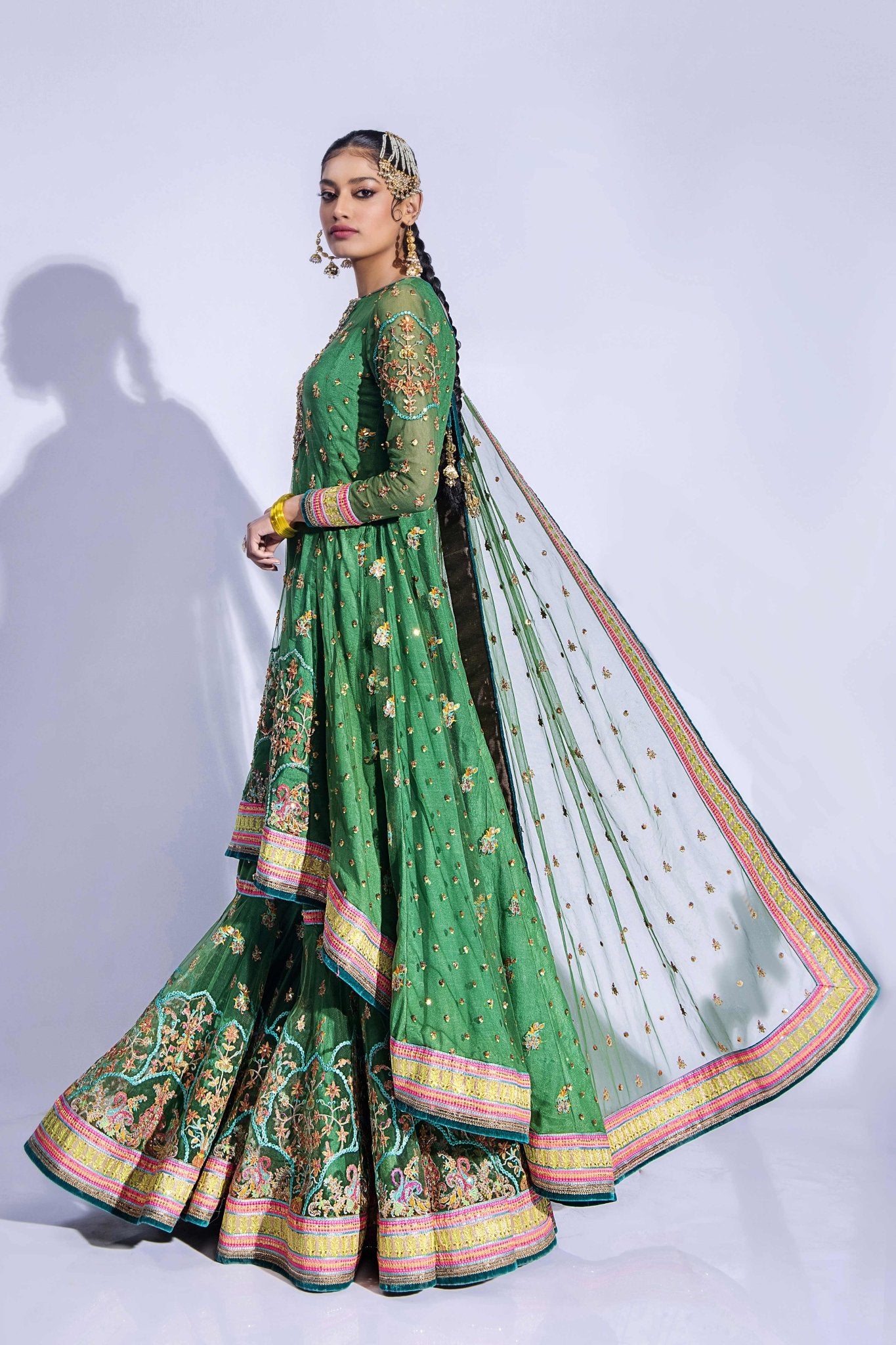 Emerald Green Zardozi Net Gharara Set (3-Piece) - Image 5