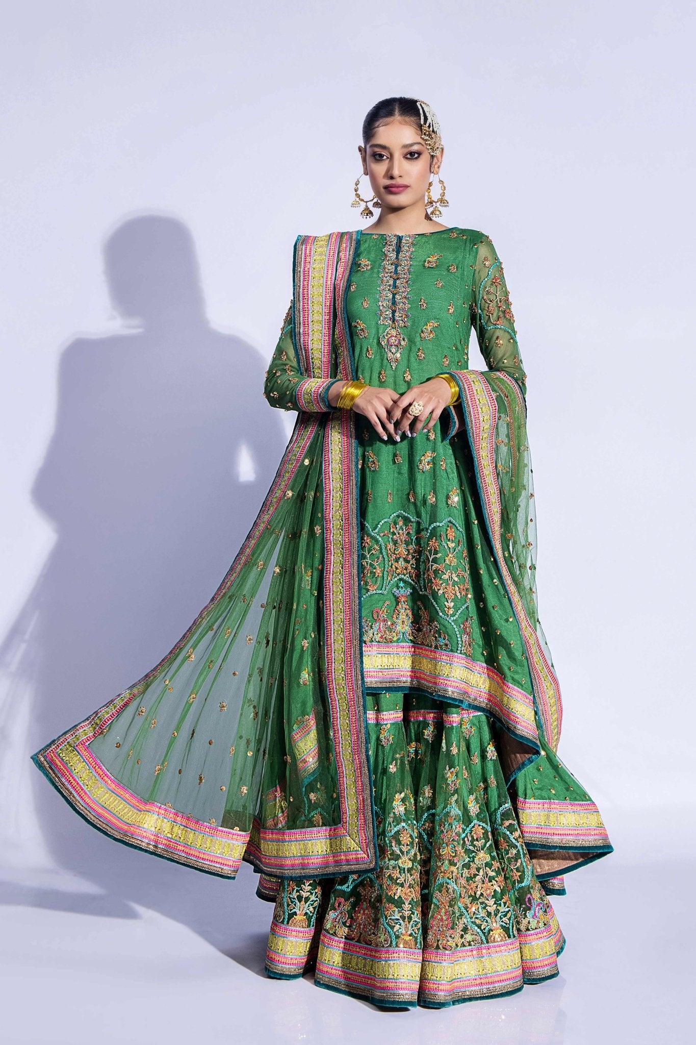 Emerald Green Zardozi Net Gharara Set (3-Piece) - Image 6