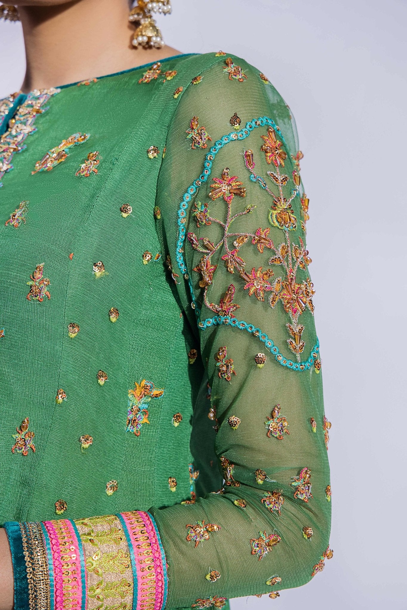 Emerald Green Zardozi Net Gharara Set (3-Piece) - Image 8