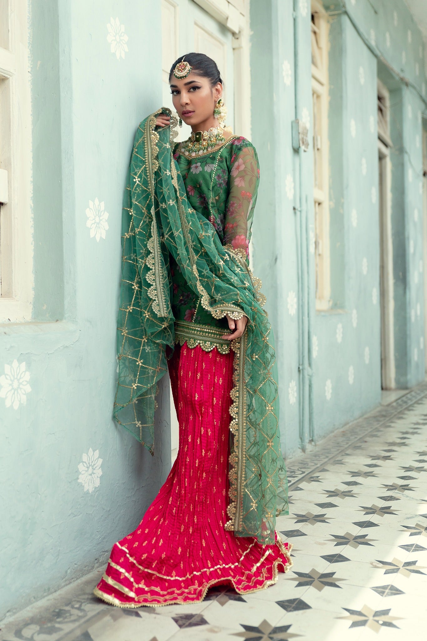 Green Printed Organza Gharara Set (4-Piece) - Image 1