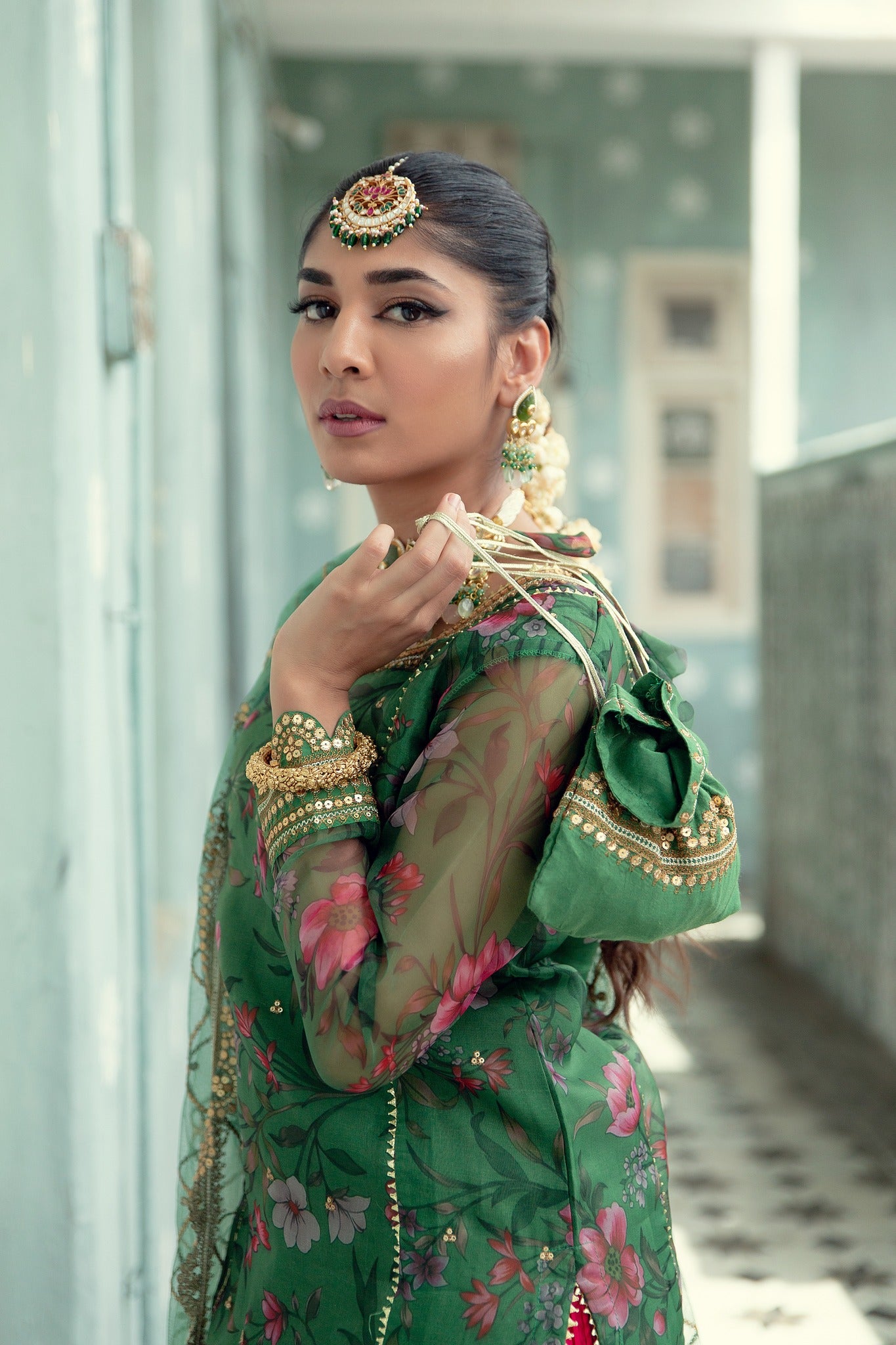 Green Printed Organza Gharara Set (4-Piece) - Image 2