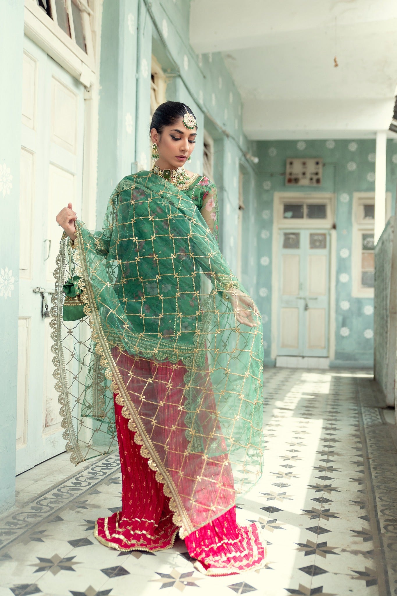 Green Printed Organza Gharara Set (4-Piece) - Image 5