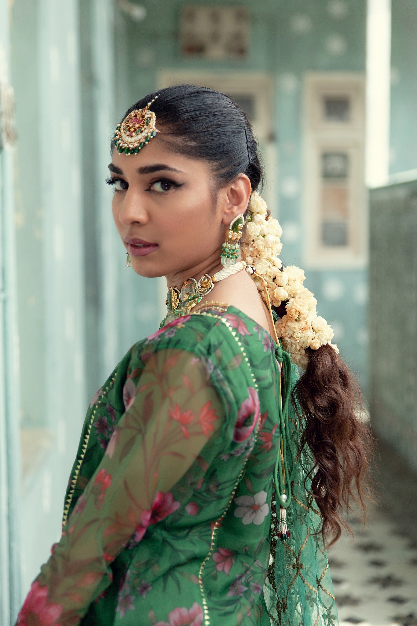 Green Printed Organza Gharara Set (4-Piece) - Image 6