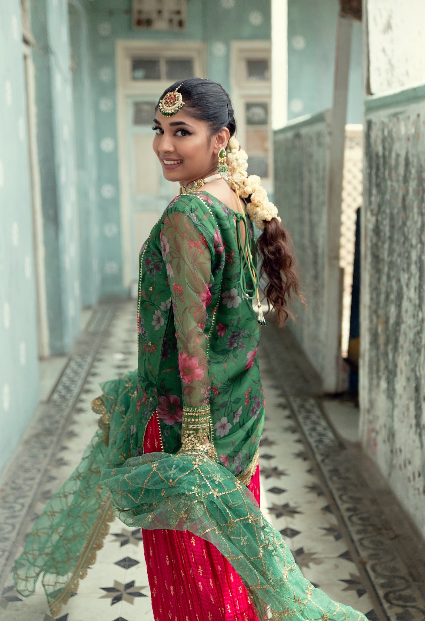 Green Printed Organza Gharara Set (4-Piece) - Image 7