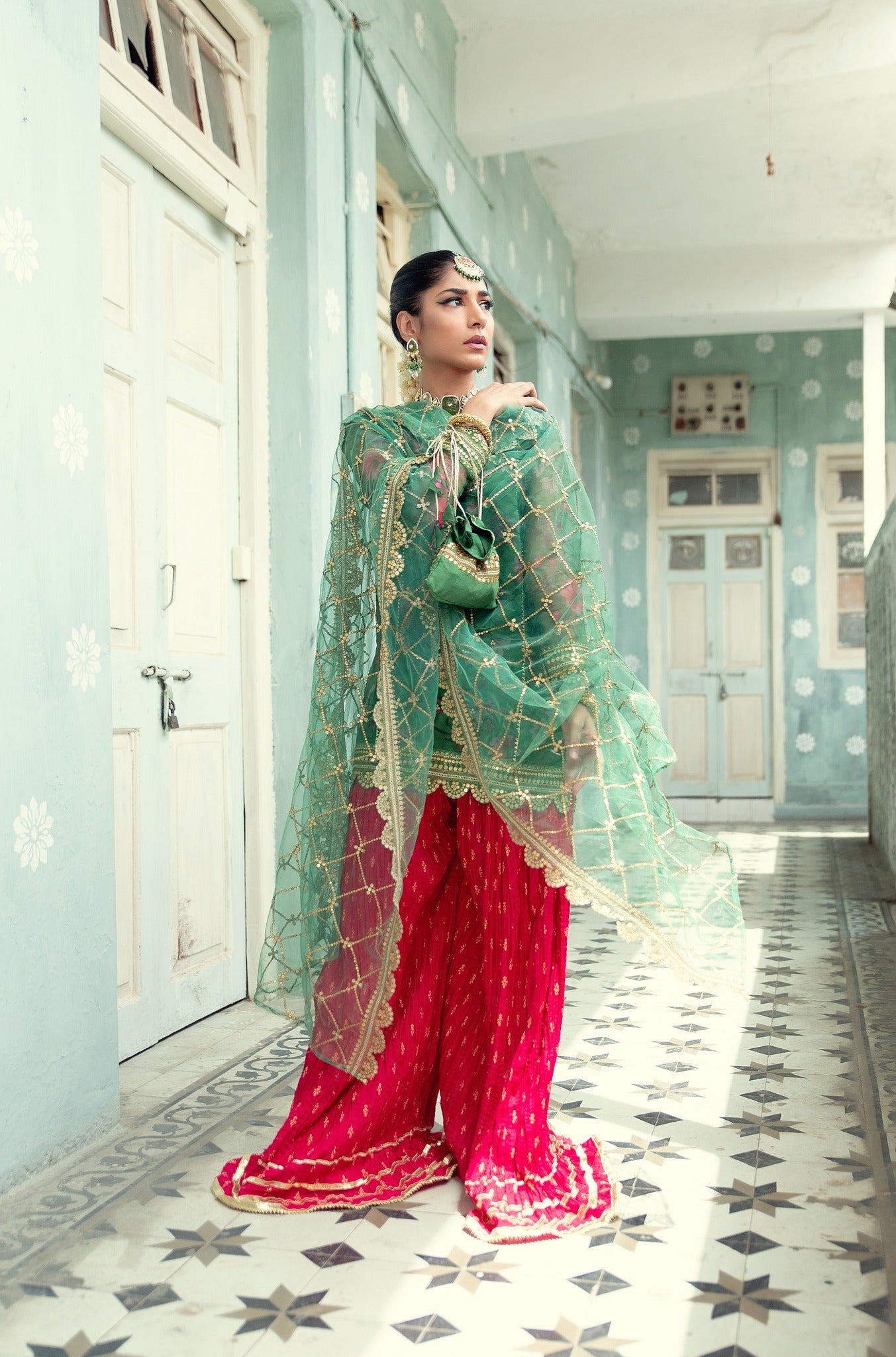 Green Printed Organza Gharara Set (4-Piece) - Image 8