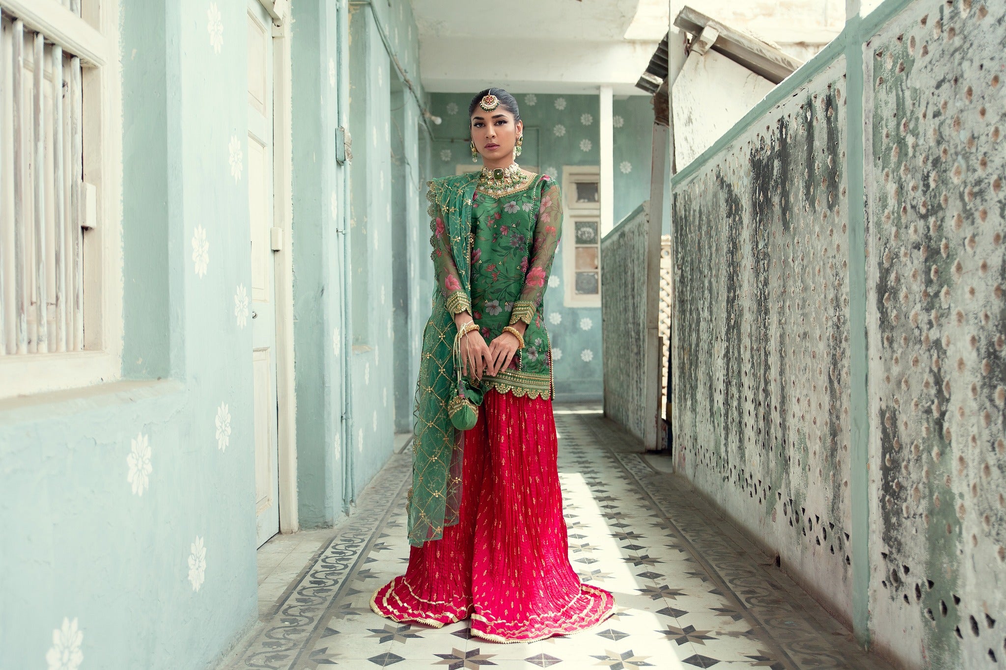 Green Printed Organza Gharara Set (4-Piece) - Image 9