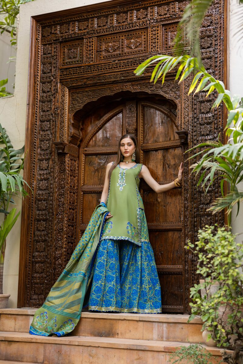 Pakistani Dhaani Green Block Printed Silk Gharara (3-Piece) - Image 1