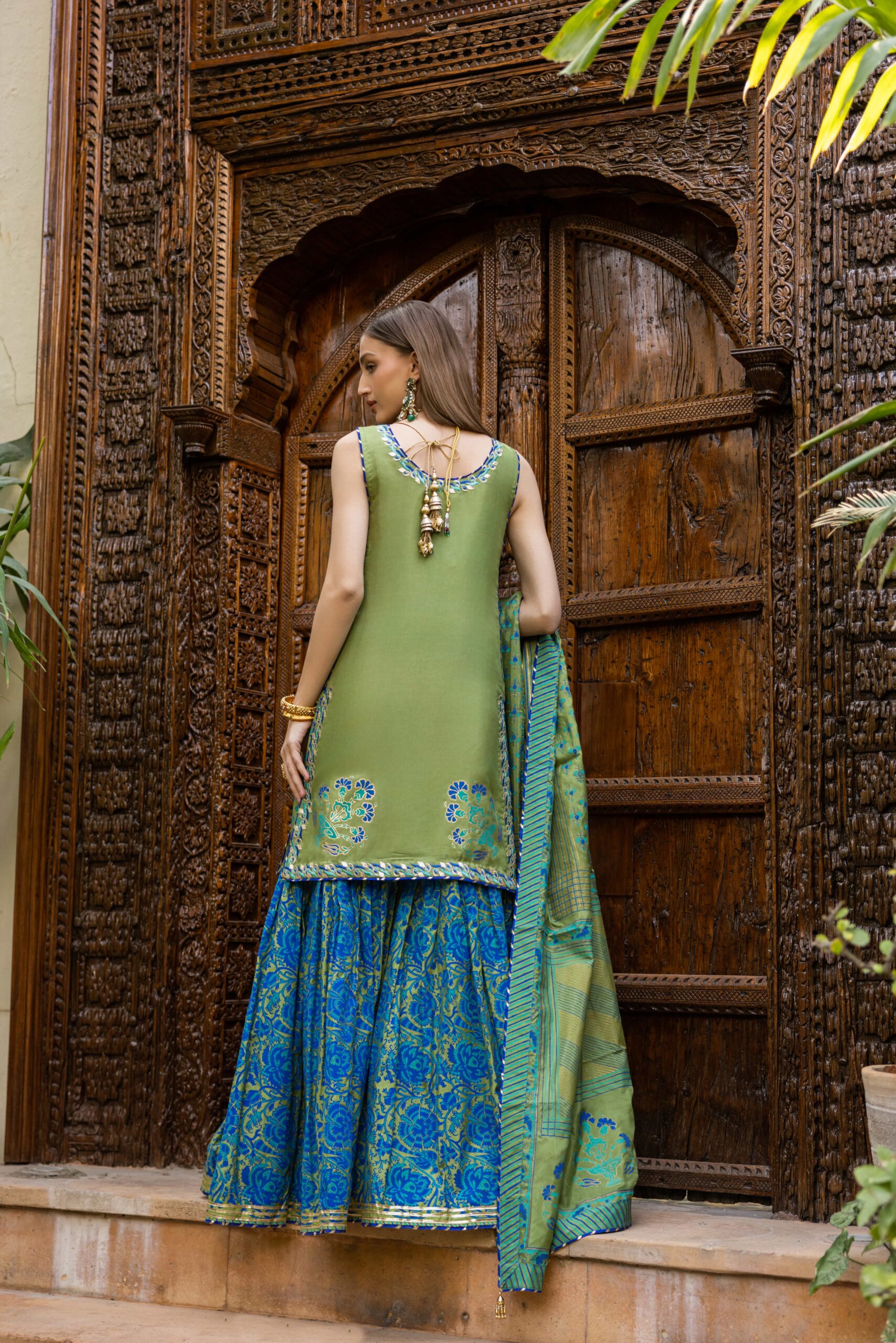 Pakistani Dhaani Green Block Printed Silk Gharara (3-Piece) - Image 4