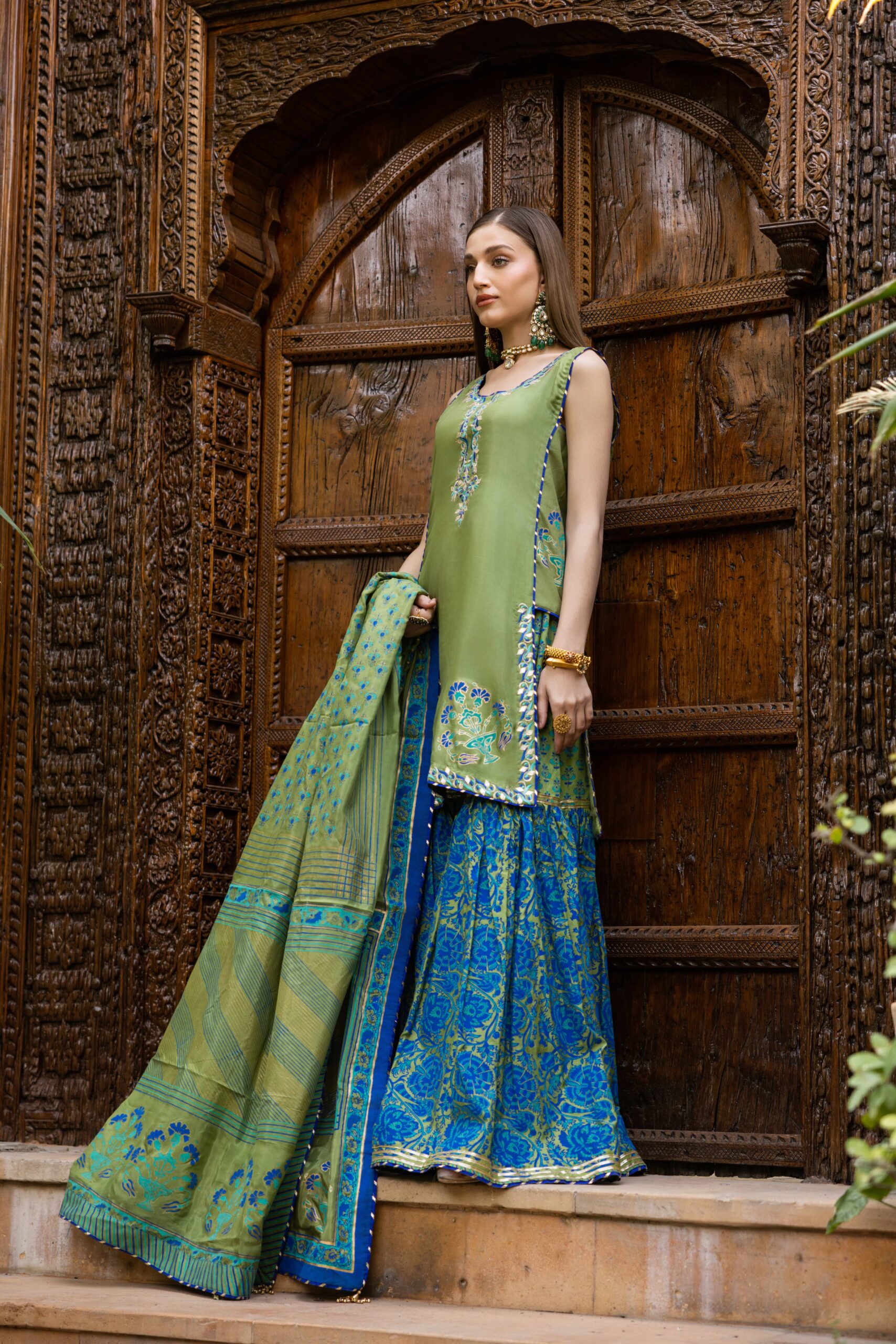 Pakistani Dhaani Green Block Printed Silk Gharara (3-Piece) - Image 5