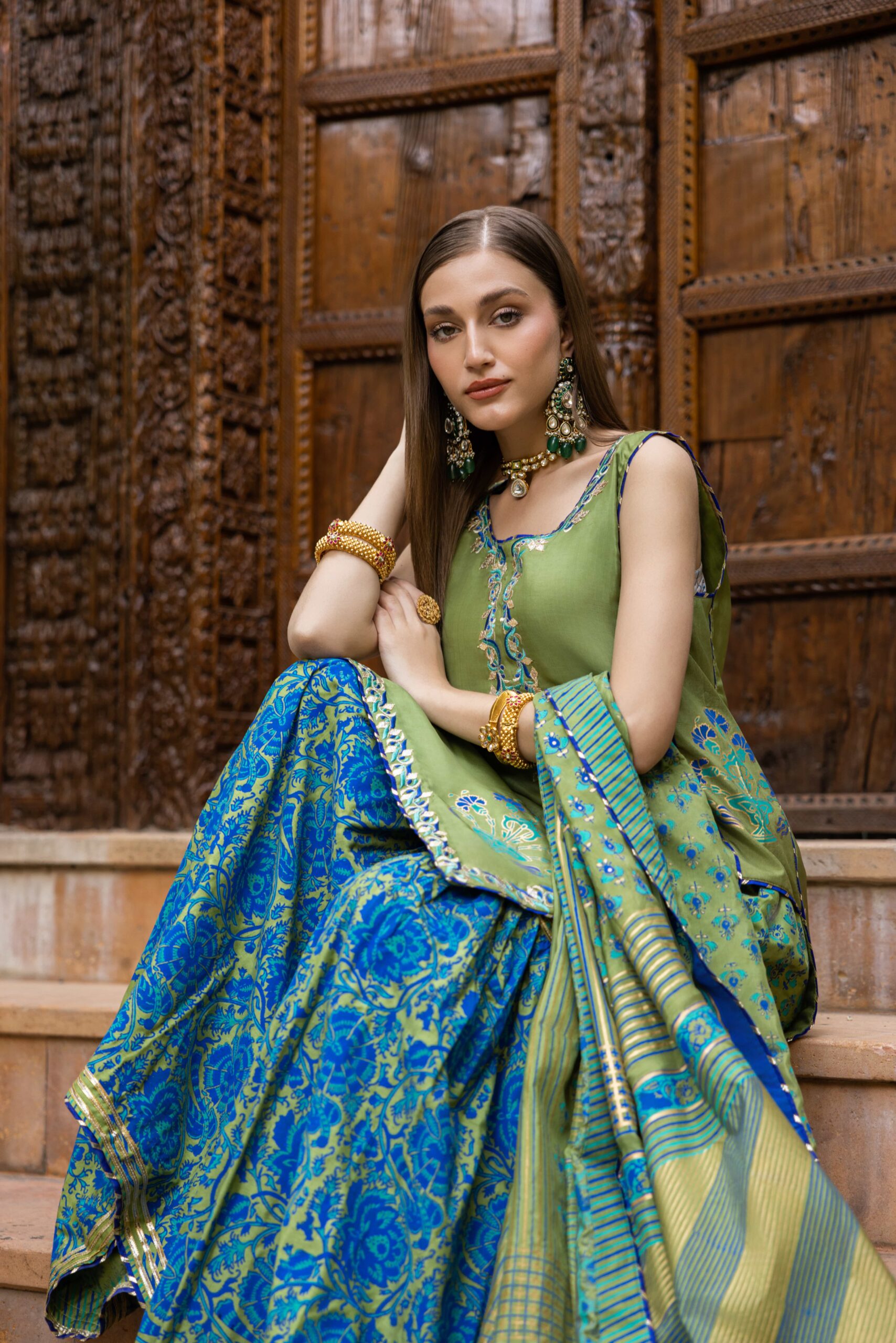 Pakistani Dhaani Green Block Printed Silk Gharara (3-Piece) - Image 6