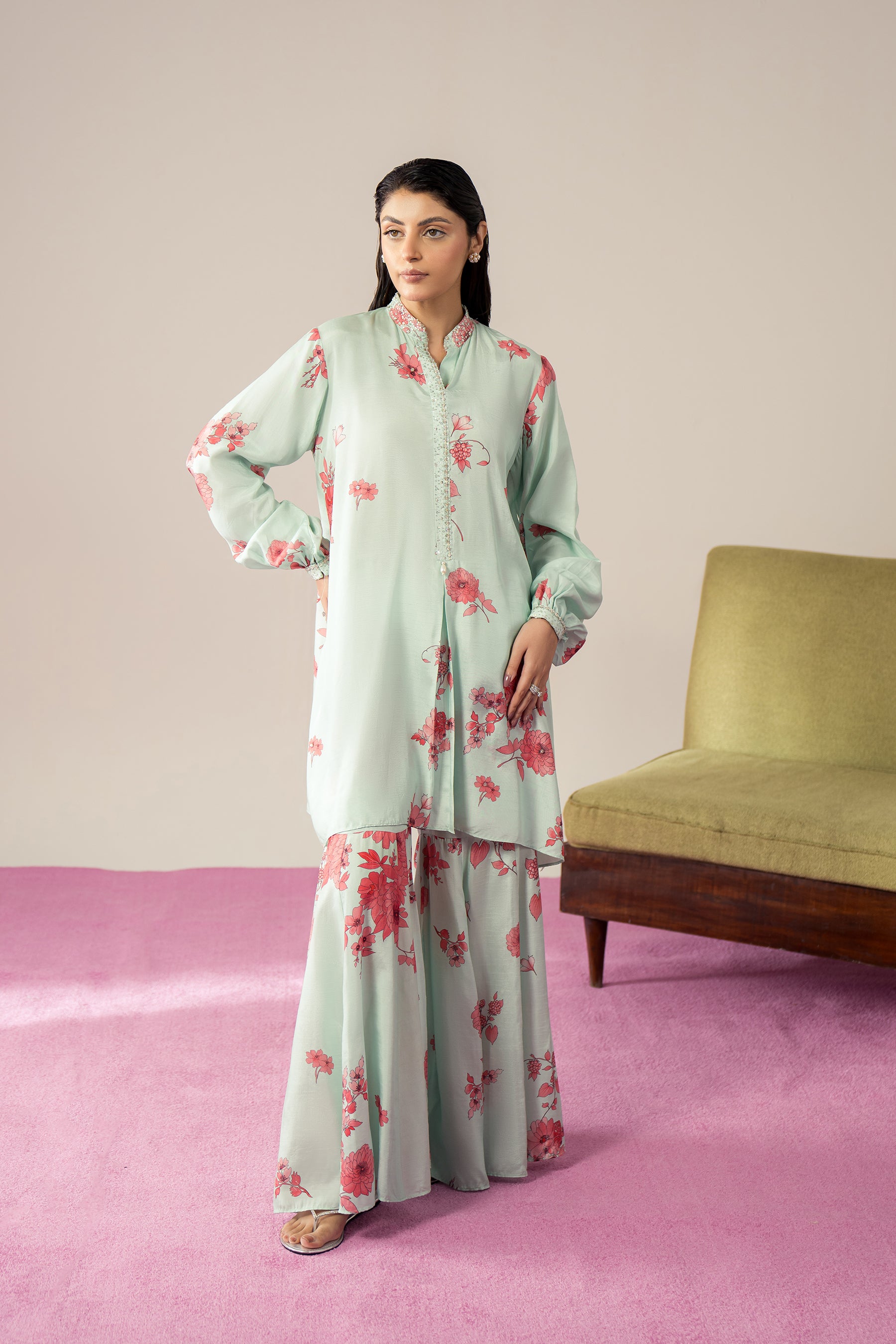 Pakistani Mint Floral Crystal Work Silk Gharara Set (2-Piece) - Image 1