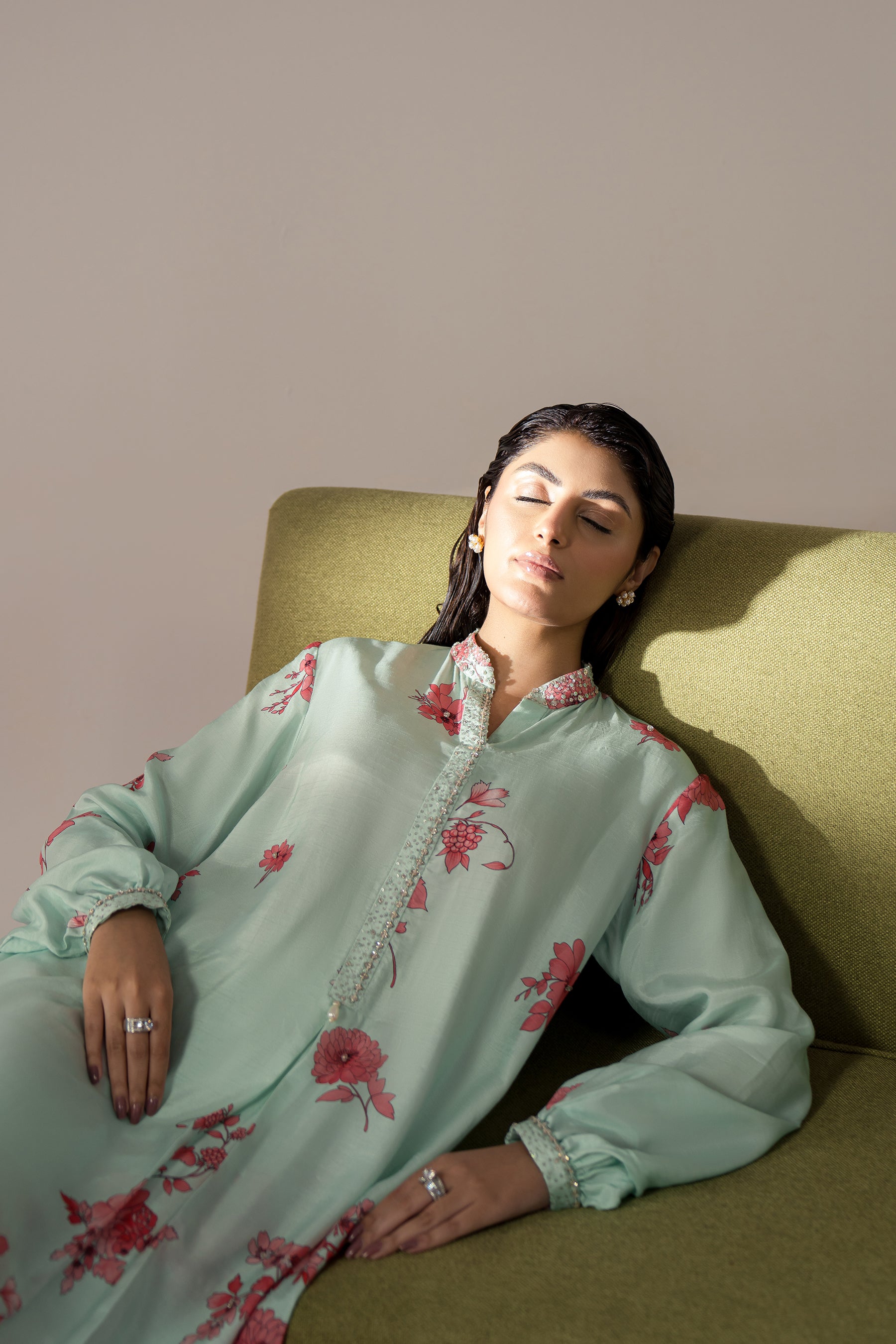 Pakistani Mint Floral Crystal Work Silk Gharara Set (2-Piece) - Image 5