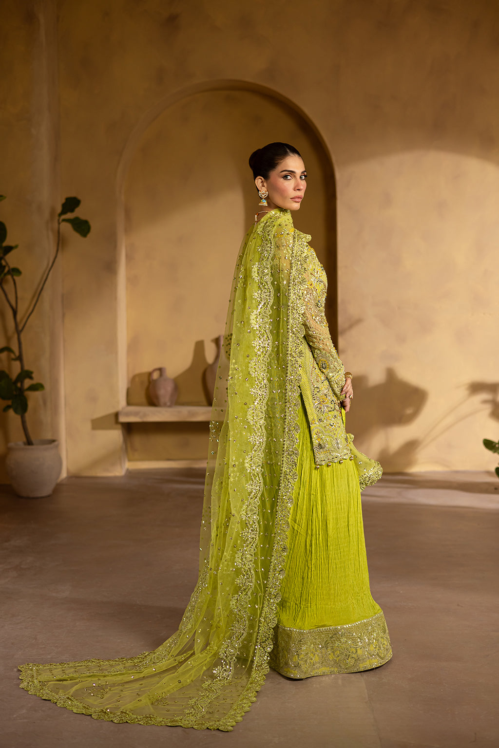 Pakistani Lime Embroidered Net & Raw Silk Gharara (3-Piece) - Image 2