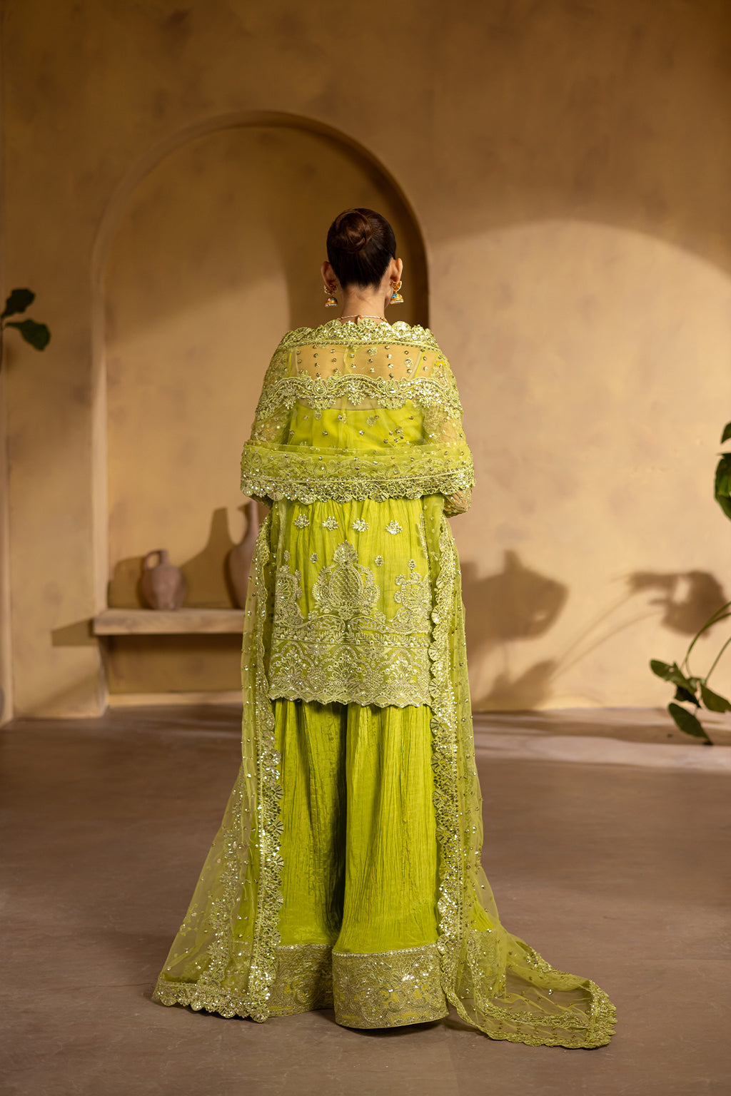 Pakistani Lime Embroidered Net & Raw Silk Gharara (3-Piece) - Image 3