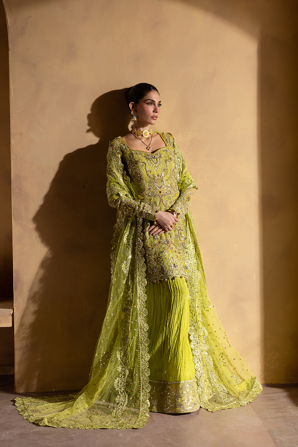 Pakistani Lime Embroidered Net & Raw Silk Gharara (3-Piece) - Image 4