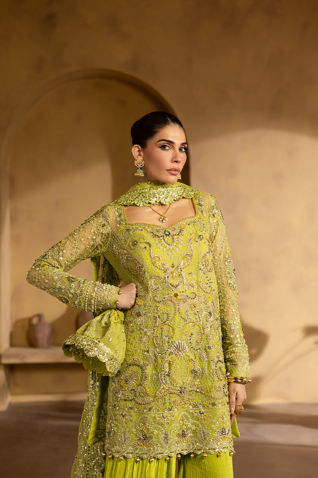 Pakistani Lime Embroidered Net & Raw Silk Gharara (3-Piece) - Image 5